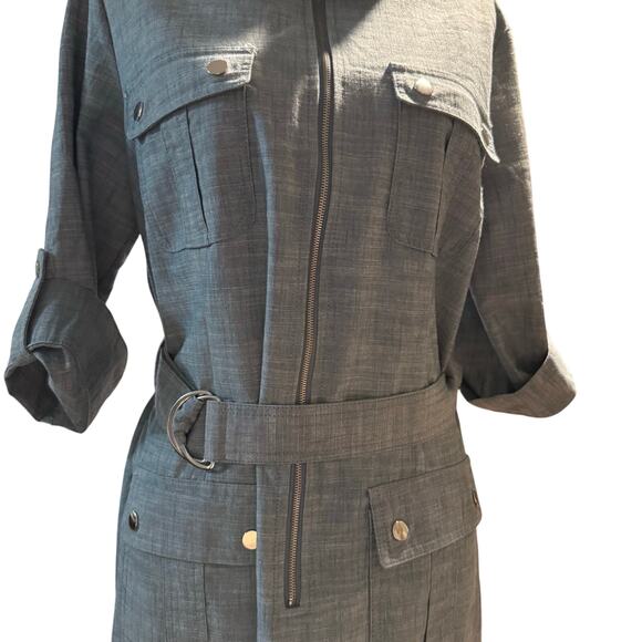 Sharagano Belted Utility Zip Front Shirt Dress, Slate Blue Chambray, Size 14 - Picture 3 of 11
